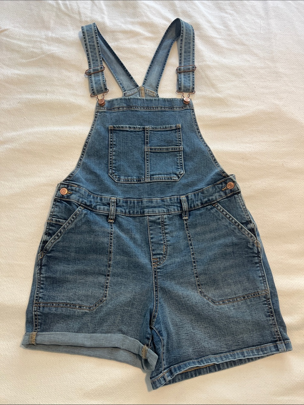 Maurices denim short overalls in medium blue with copper accents